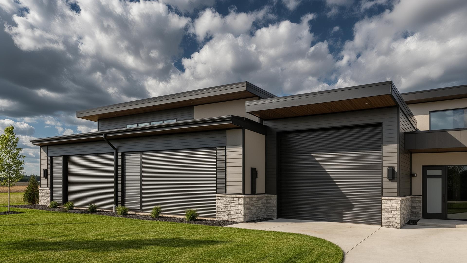 Modern home with premium steel garage doors installed by Rindge Garage Doors